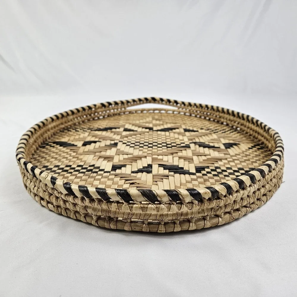 Vintage Baniwa Basket Serving Tray w/ Handles Geometric MCM Zimbabwe African